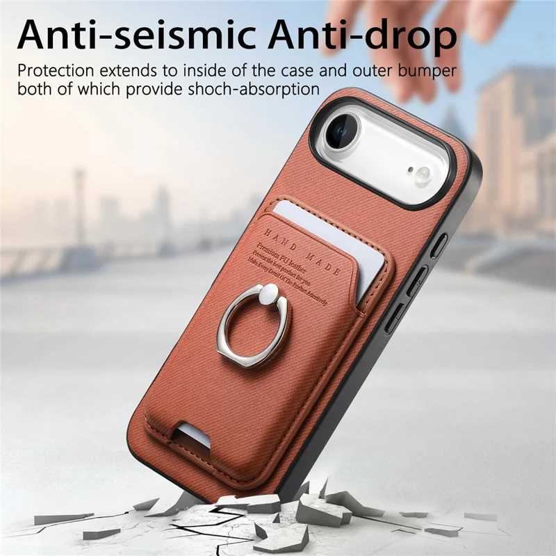 For iPhone Air Case Cloth Texture  Leather + PC + TPU Phone Cover with Detachable Magnetic Ring Kickstand Card Holder - Brown