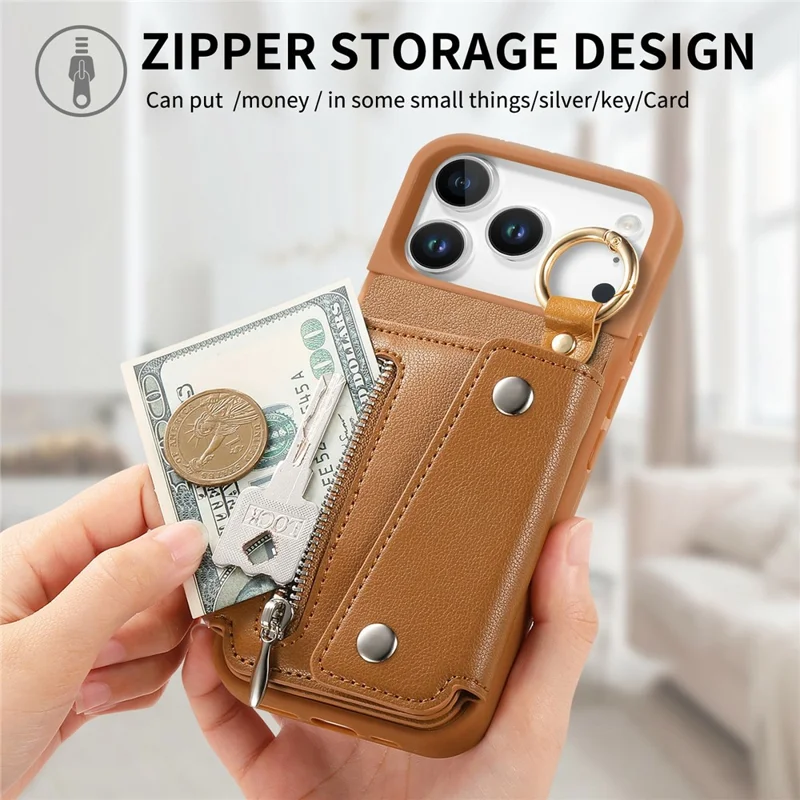 For iPhone 17 Pro Max Case D-Ring Holder Leather + PC + TPU Phone Cover with Wallet Kickstand - Brown