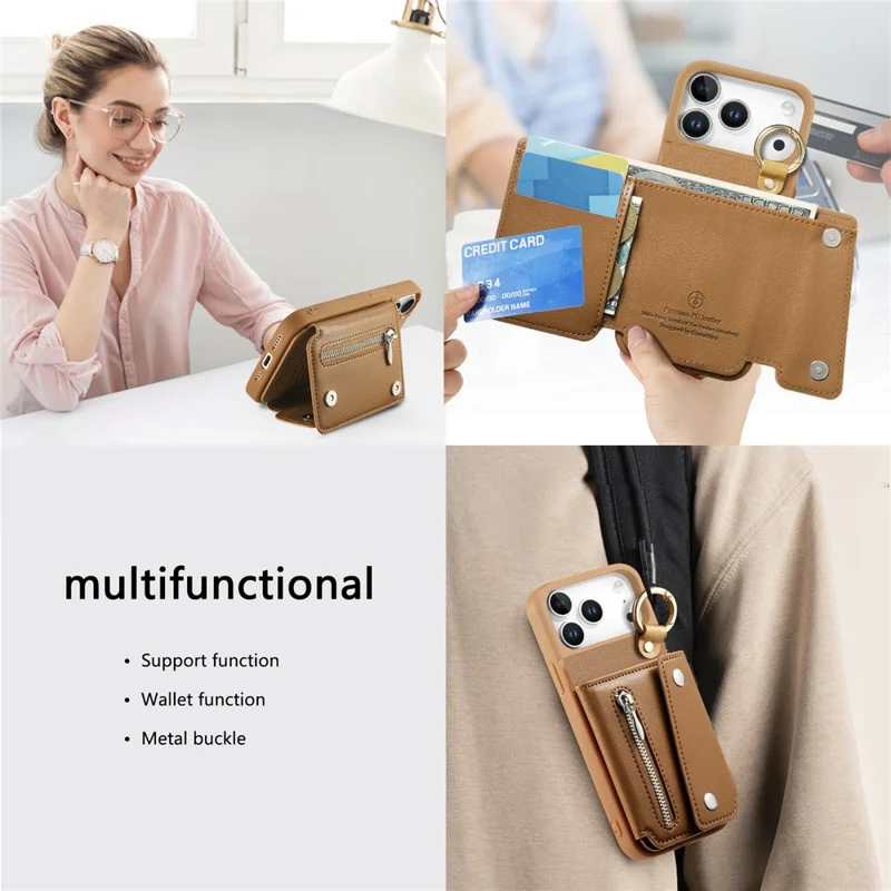 For iPhone 17 Pro Max Case D-Ring Holder Leather + PC + TPU Phone Cover with Wallet Kickstand - Brown