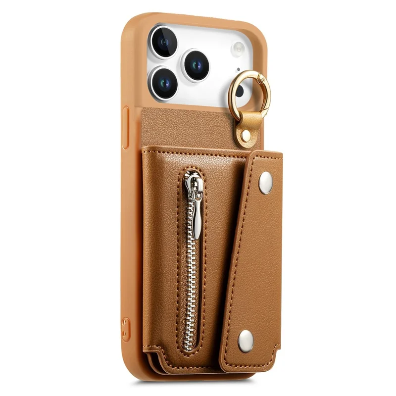 For iPhone 17 Pro Max Case D-Ring Holder Leather + PC + TPU Phone Cover with Wallet Kickstand - Brown