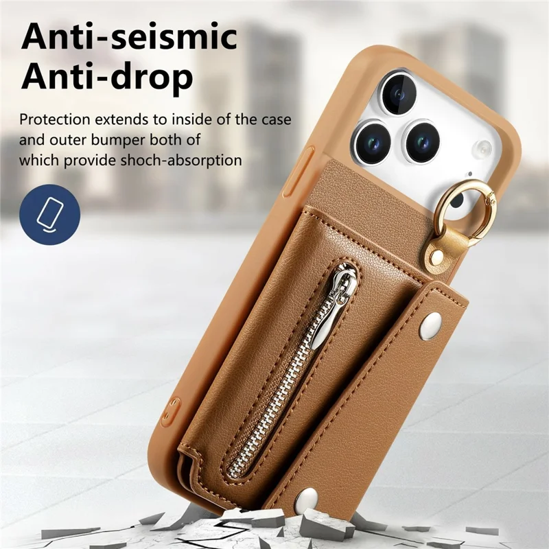 For iPhone 17 Pro Max Case D-Ring Holder Leather + PC + TPU Phone Cover with Wallet Kickstand - Brown