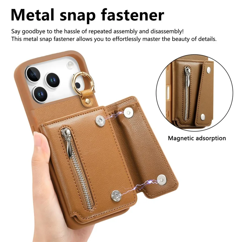 For iPhone 17 Pro Max Case D-Ring Holder Leather + PC + TPU Phone Cover with Wallet Kickstand - Brown