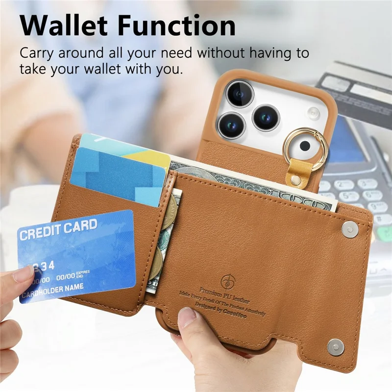 For iPhone 17 Pro Max Case D-Ring Holder Leather + PC + TPU Phone Cover with Wallet Kickstand - Brown