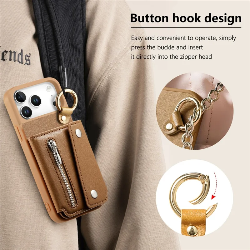 For iPhone 17 Pro Case D-Ring Holder Leather + PC + TPU Phone Cover with Wallet Kickstand - Brown