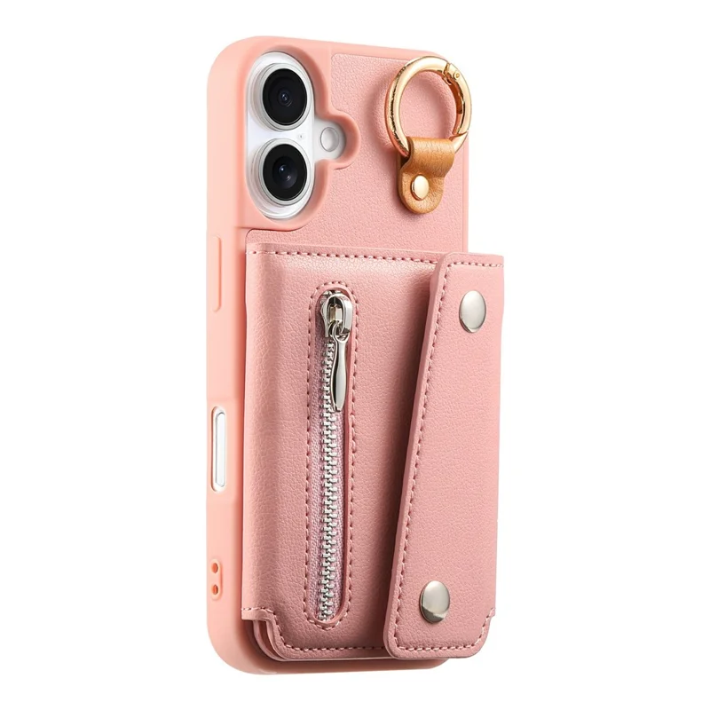 For iPhone 17 Case D-Ring Holder Leather + PC + TPU Phone Cover with Wallet Kickstand - Pink