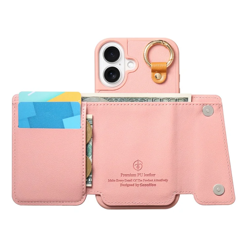 For iPhone 17 Case D-Ring Holder Leather + PC + TPU Phone Cover with Wallet Kickstand - Pink