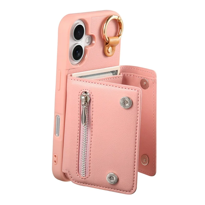For iPhone 17 Case D-Ring Holder Leather + PC + TPU Phone Cover with Wallet Kickstand - Pink