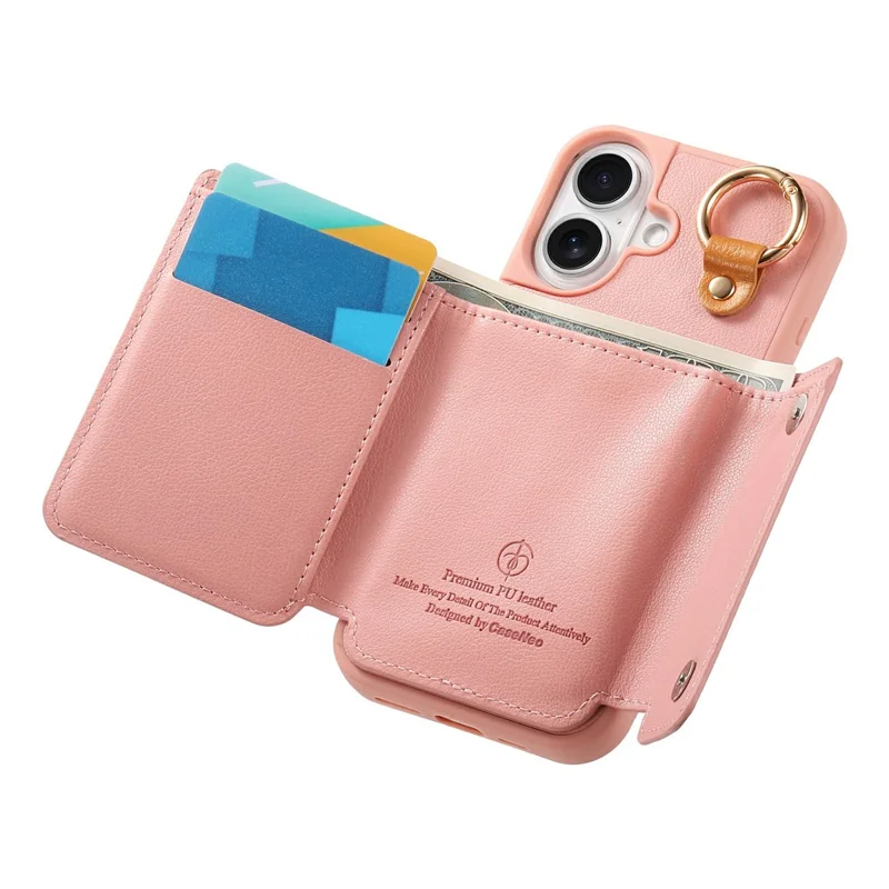 For iPhone 17 Case D-Ring Holder Leather + PC + TPU Phone Cover with Wallet Kickstand - Pink