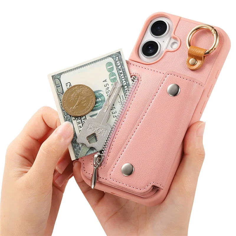 For iPhone 17 Case D-Ring Holder Leather + PC + TPU Phone Cover with Wallet Kickstand - Pink
