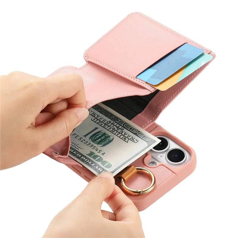For iPhone 17 Case D-Ring Holder Leather + PC + TPU Phone Cover with Wallet Kickstand - Pink