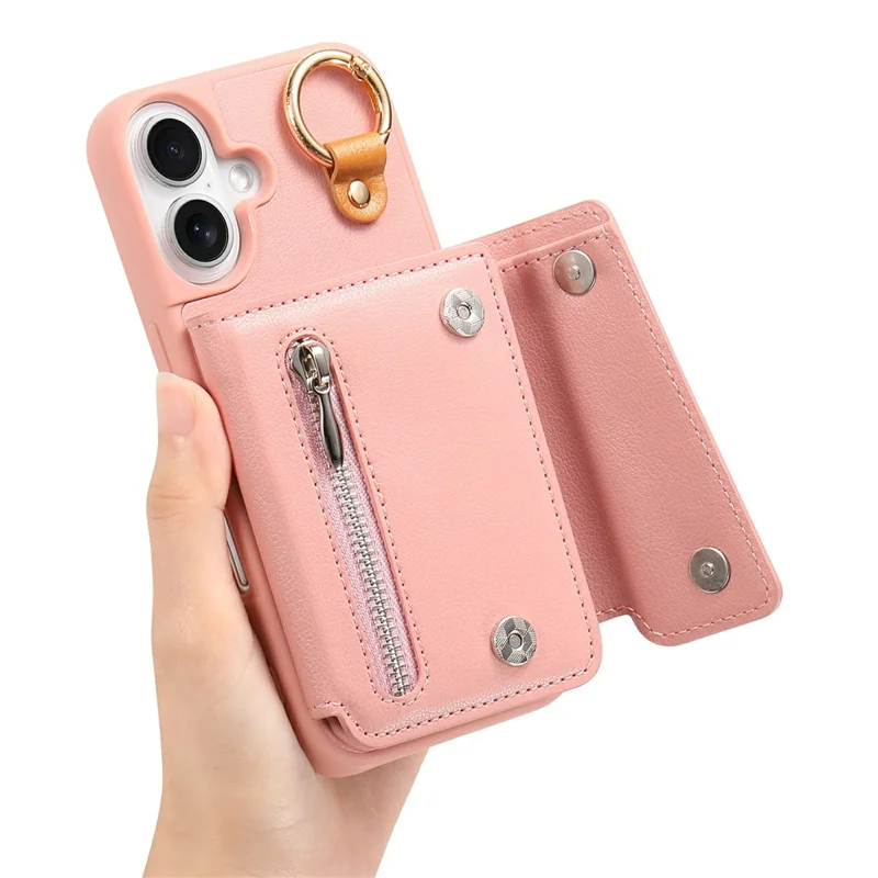 For iPhone 17 Case D-Ring Holder Leather + PC + TPU Phone Cover with Wallet Kickstand - Pink