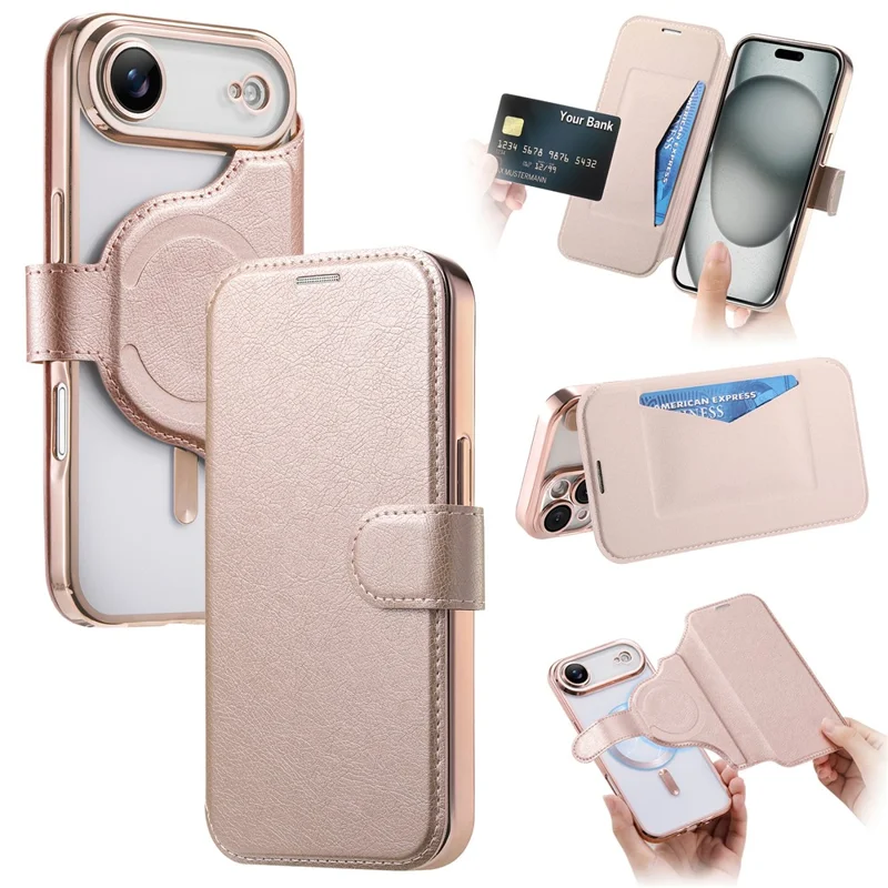 For iPhone Air Case Compatible with MagSafe Detachable Leather Phone Cover with Lens Film - Rose Gold