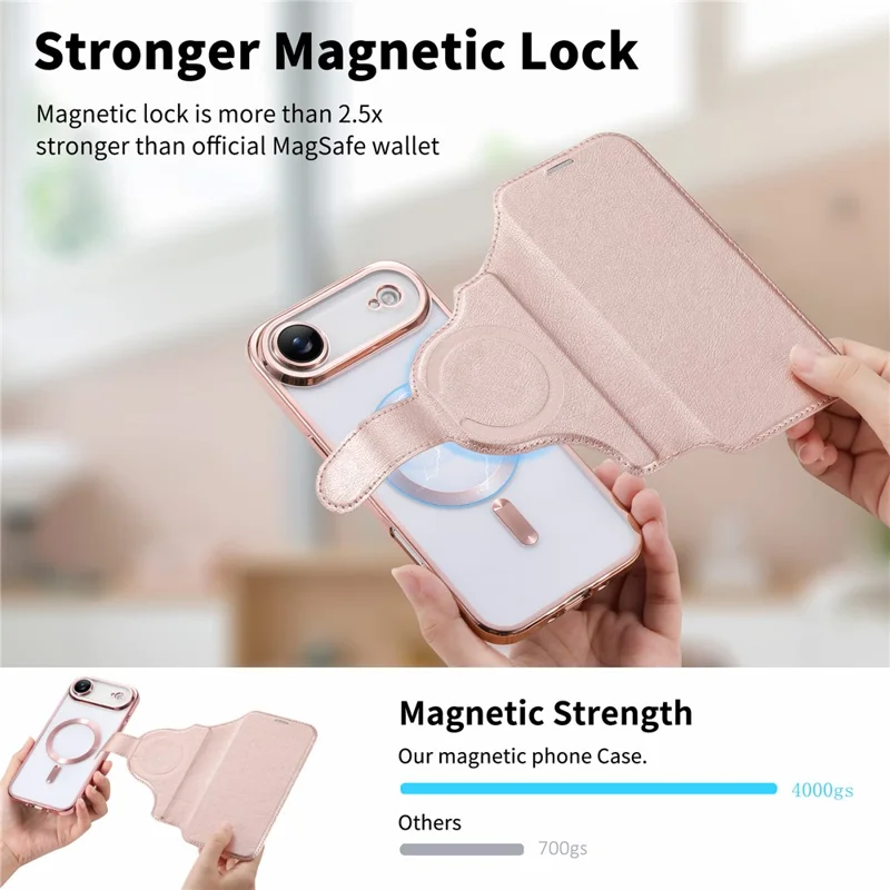 For iPhone Air Case Compatible with MagSafe Detachable Leather Phone Cover with Lens Film - Rose Gold