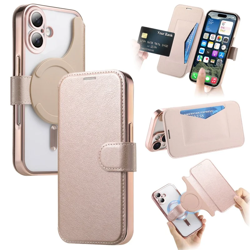 For iPhone 17 Case Compatible with MagSafe Detachable Leather Phone Cover with Lens Film - Rose Gold