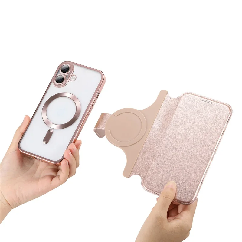 For iPhone 17 Case Compatible with MagSafe Detachable Leather Phone Cover with Lens Film - Rose Gold