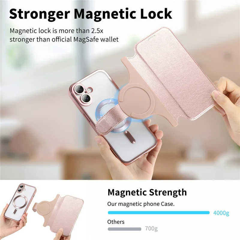 For iPhone 17 Case Compatible with MagSafe Detachable Leather Phone Cover with Lens Film - Rose Gold