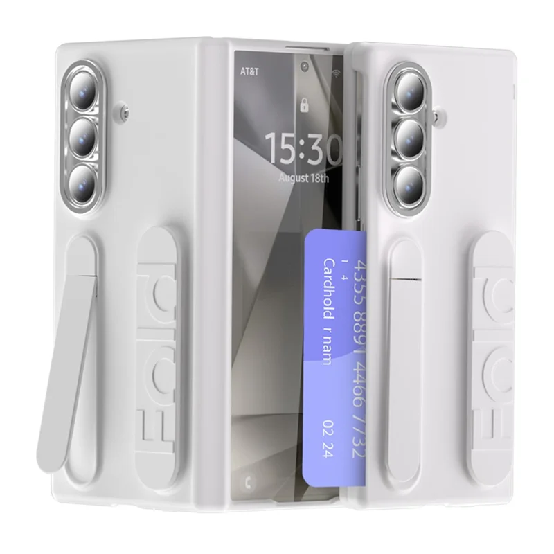 For Samsung Galaxy Z Fold7 5G Case Kickstand Wristband PC Phone Cover with Card Holder - White