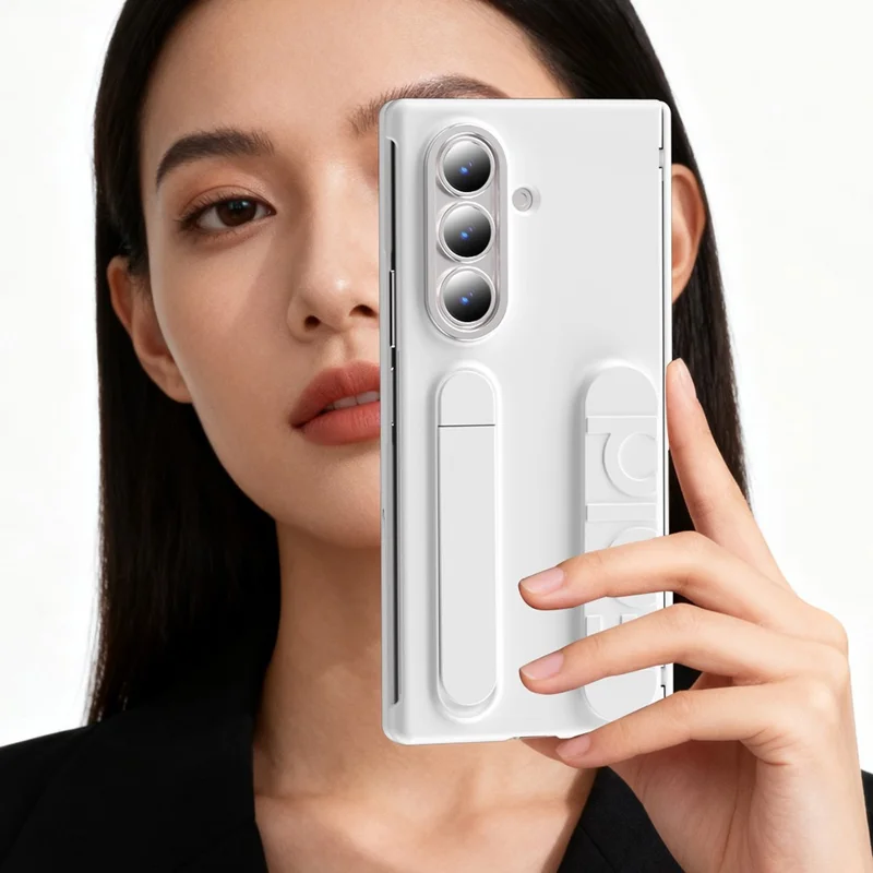 For Samsung Galaxy Z Fold7 5G Case Kickstand Wristband PC Phone Cover with Card Holder - White