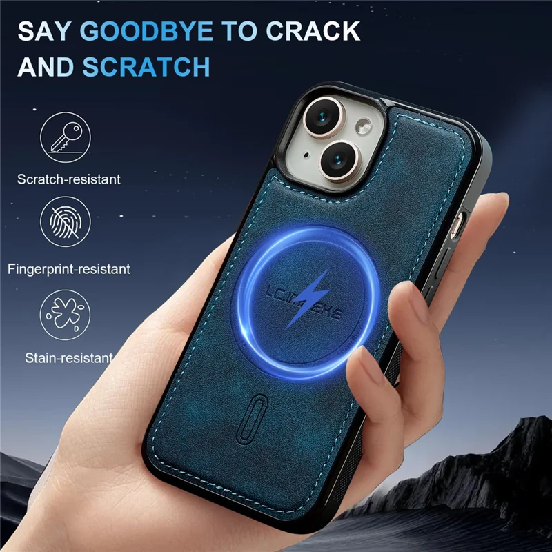 LC.IMEEKE L6 til iPhone 15 Case PU-læderbehandling PC TPU telefonbeskytning kompatibel med MagSafe - Blå