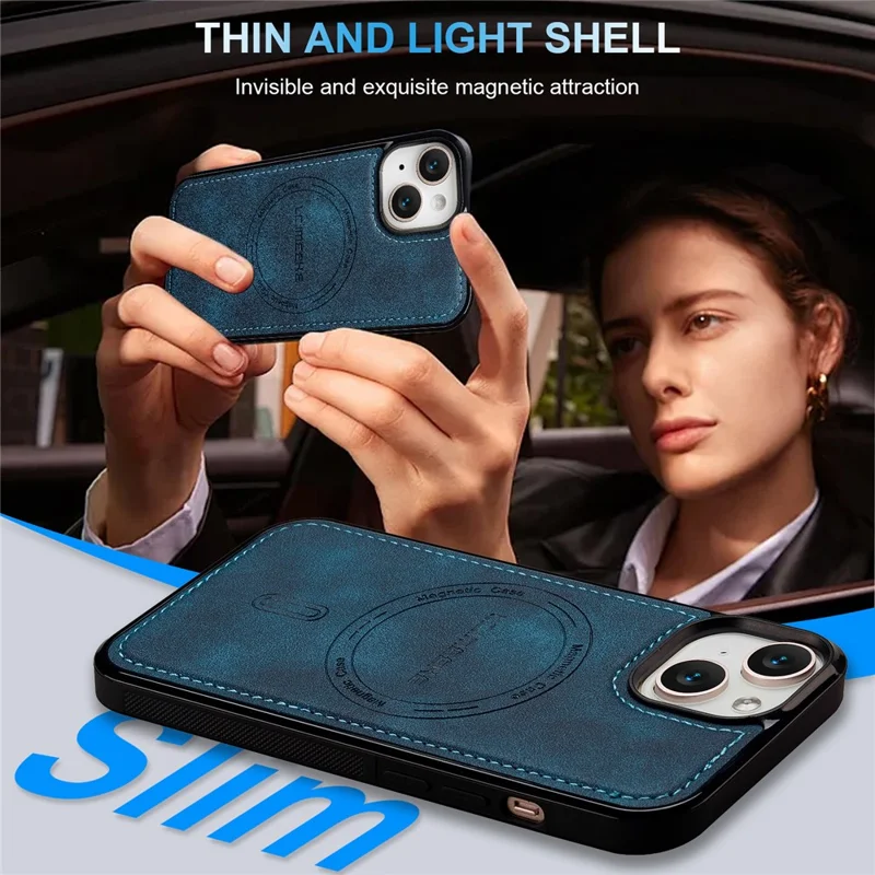 LC.IMEEKE L6 til iPhone 15 Case PU-læderbehandling PC TPU telefonbeskytning kompatibel med MagSafe - Blå