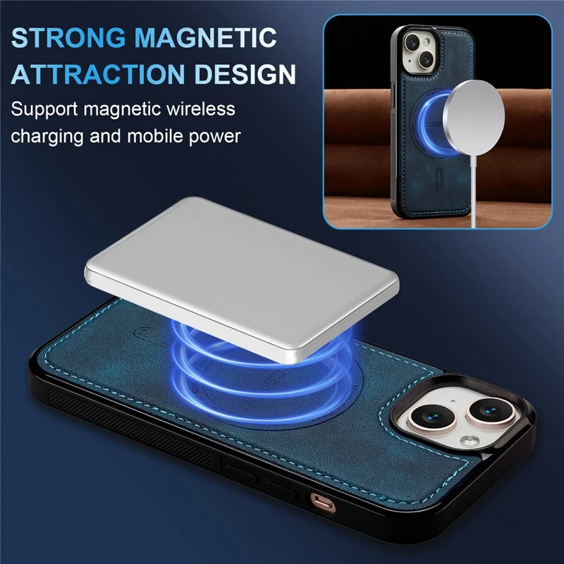 LC.IMEEKE L6 til iPhone 15 Case PU-læderbehandling PC TPU telefonbeskytning kompatibel med MagSafe - Blå