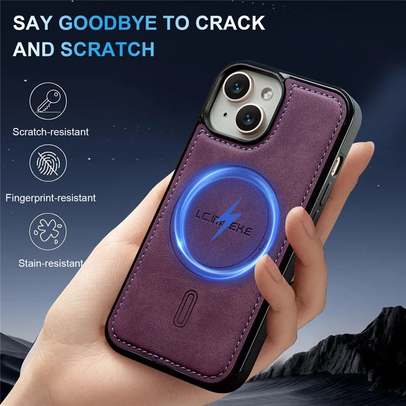 LC.IMEEKE L6 For iPhone 15 Plus / 14 Plus Case PU Leather Coated PC TPU Phone Cover Compatible with MagSafe - Purple