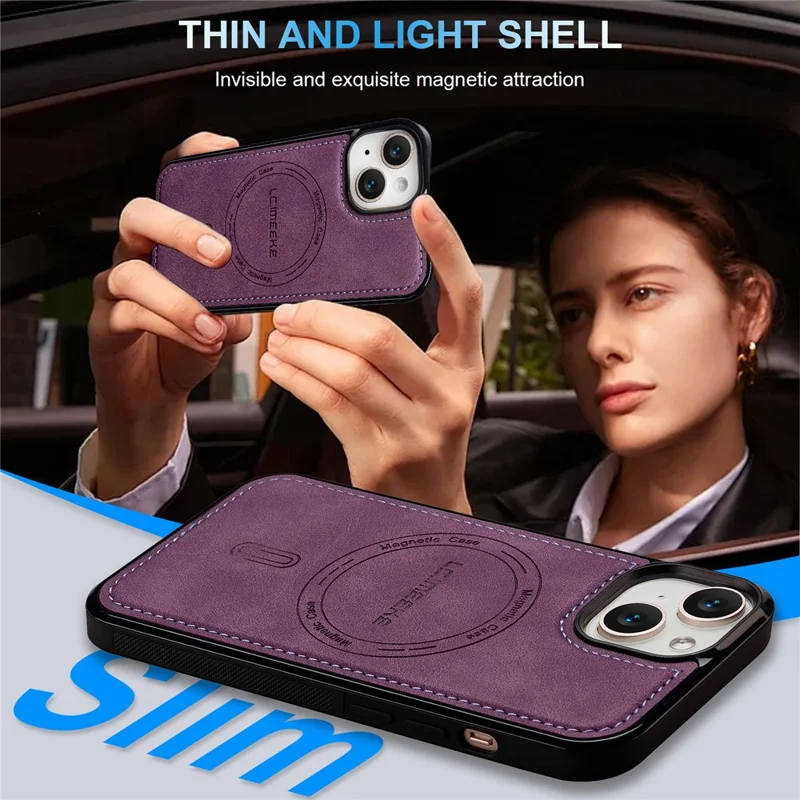 LC.IMEEKE L6 For iPhone 15 Plus / 14 Plus Case PU Leather Coated PC TPU Phone Cover Compatible with MagSafe - Purple