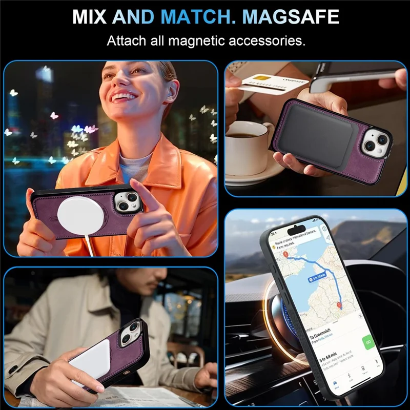 LC.IMEEKE L6 For iPhone 15 Plus / 14 Plus Case PU Leather Coated PC TPU Phone Cover Compatible with MagSafe - Purple