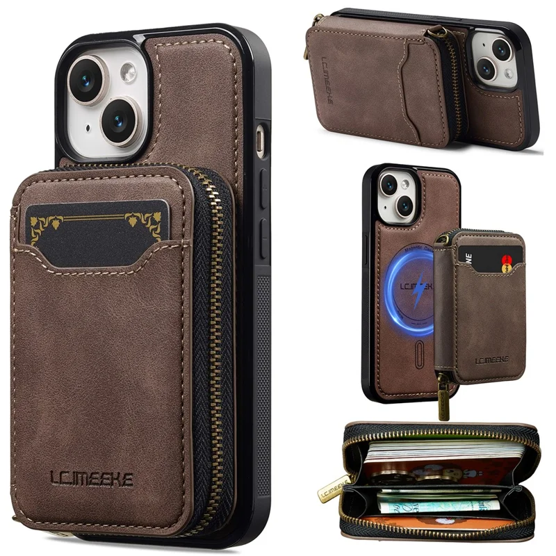 LC.IMEEKE L6 For iPhone 13 mini / 12 mini Magnetic Case Detachable Zipper Wallet Leather Coated PC + TPU Phone Cover - Coffee