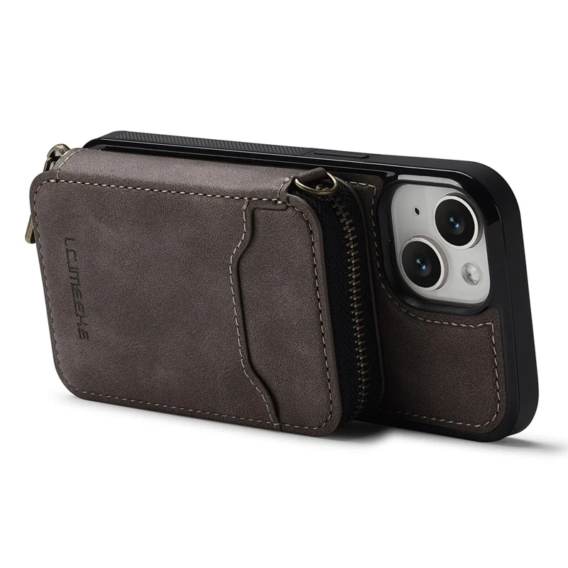 LC.IMEEKE L6 For iPhone 13 mini / 12 mini Magnetic Case Detachable Zipper Wallet Leather Coated PC + TPU Phone Cover - Coffee