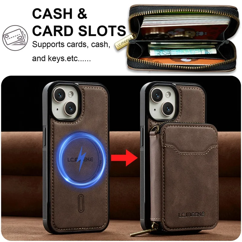 LC.IMEEKE L6 For iPhone 13 mini / 12 mini Magnetic Case Detachable Zipper Wallet Leather Coated PC + TPU Phone Cover - Coffee