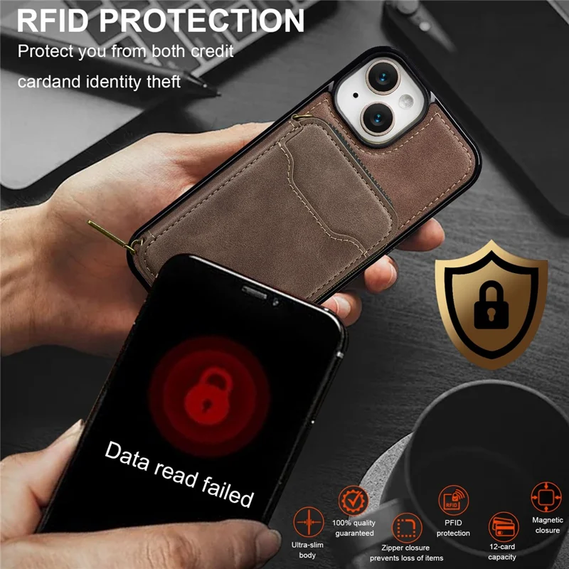 LC.IMEEKE L6 For iPhone 13 mini / 12 mini Magnetic Case Detachable Zipper Wallet Leather Coated PC + TPU Phone Cover - Coffee