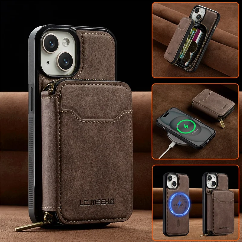 LC.IMEEKE L6 For iPhone 13 mini / 12 mini Magnetic Case Detachable Zipper Wallet Leather Coated PC + TPU Phone Cover - Coffee