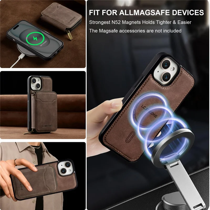 LC.IMEEKE L6 لهاتف iPhone 14 / 13 غطاء مغناطيسي قابل للفصل مع محفظة بسحّاب وغطاء هاتف مطلي بالجلد PC + TPU - كحلي