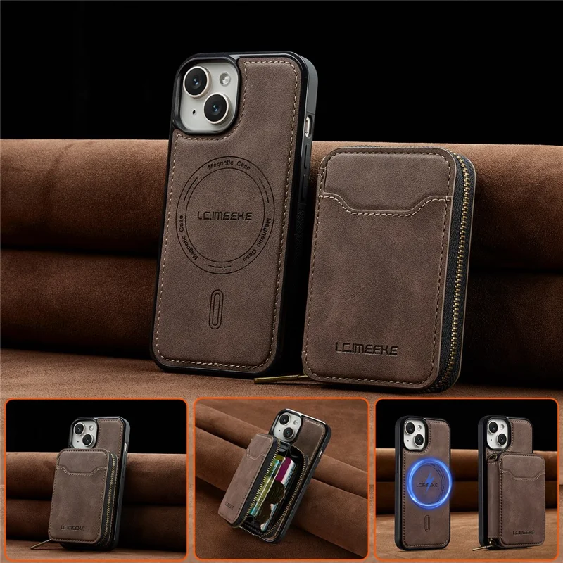 LC.IMEEKE L6 لهاتف iPhone 14 / 13 غطاء مغناطيسي قابل للفصل مع محفظة بسحّاب وغطاء هاتف مطلي بالجلد PC + TPU - كحلي