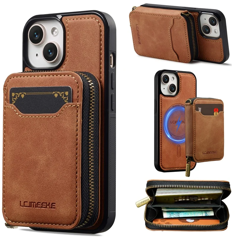 LC.IMEEKE L6 For iPhone 15 Plus / 14 Plus Magnetic Case Detachable Zipper Wallet Leather Coated PC + TPU Phone Cover - Brown