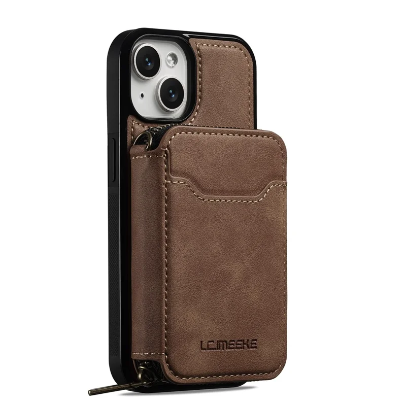 LC.IMEEKE L6 For iPhone 15 Plus / 14 Plus Magnetic Case Detachable Zipper Wallet Leather Coated PC + TPU Phone Cover - Brown