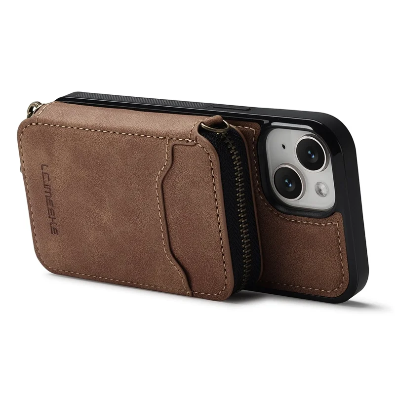 LC.IMEEKE L6 For iPhone 15 Plus / 14 Plus Magnetic Case Detachable Zipper Wallet Leather Coated PC + TPU Phone Cover - Brown
