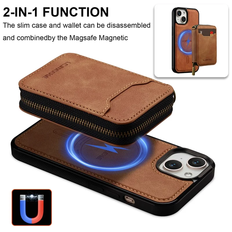 LC.IMEEKE L6 For iPhone 15 Plus / 14 Plus Magnetic Case Detachable Zipper Wallet Leather Coated PC + TPU Phone Cover - Brown