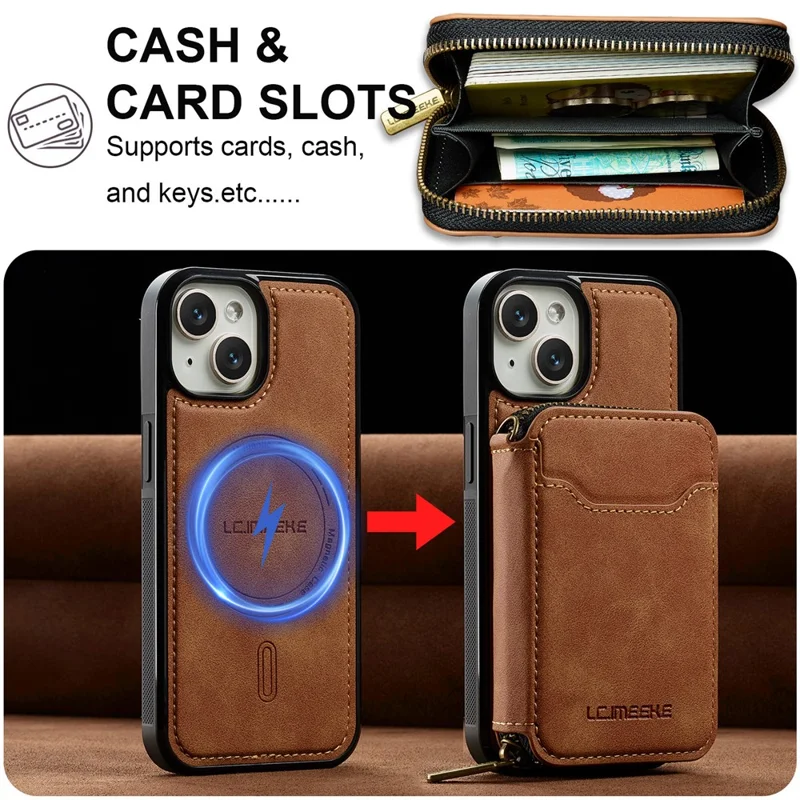 LC.IMEEKE L6 For iPhone 15 Plus / 14 Plus Magnetic Case Detachable Zipper Wallet Leather Coated PC + TPU Phone Cover - Brown