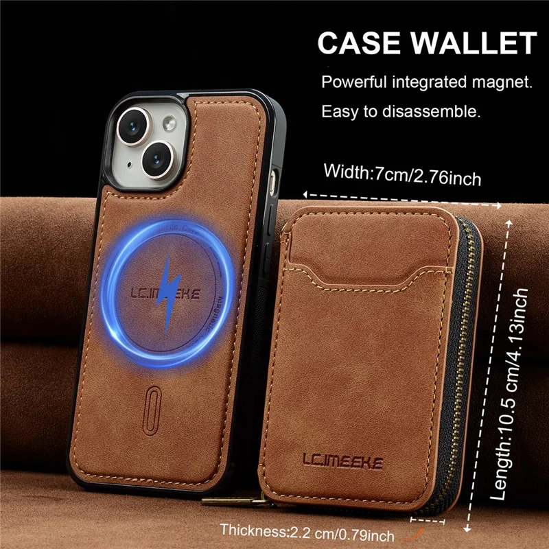 LC.IMEEKE L6 For iPhone 15 Plus / 14 Plus Magnetic Case Detachable Zipper Wallet Leather Coated PC + TPU Phone Cover - Brown