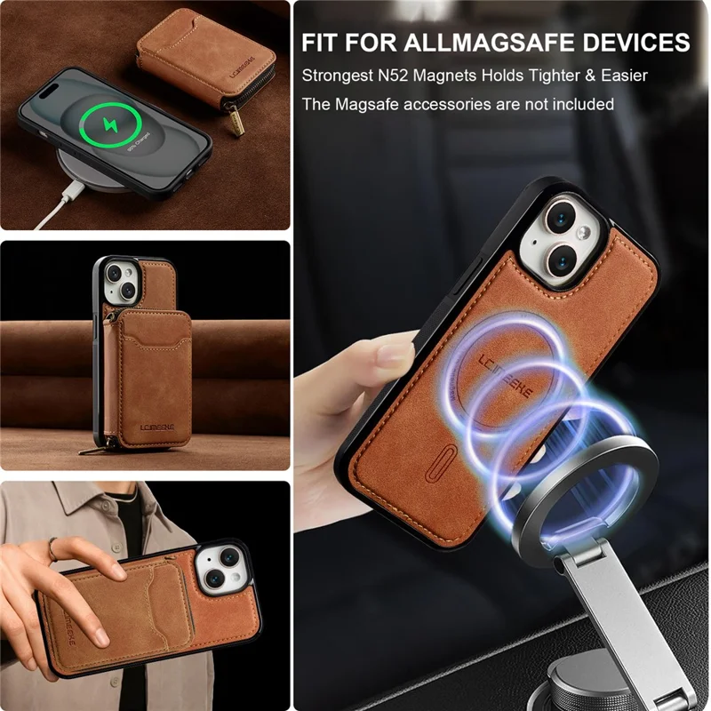 LC.IMEEKE L6 For iPhone 15 Plus / 14 Plus Magnetic Case Detachable Zipper Wallet Leather Coated PC + TPU Phone Cover - Brown