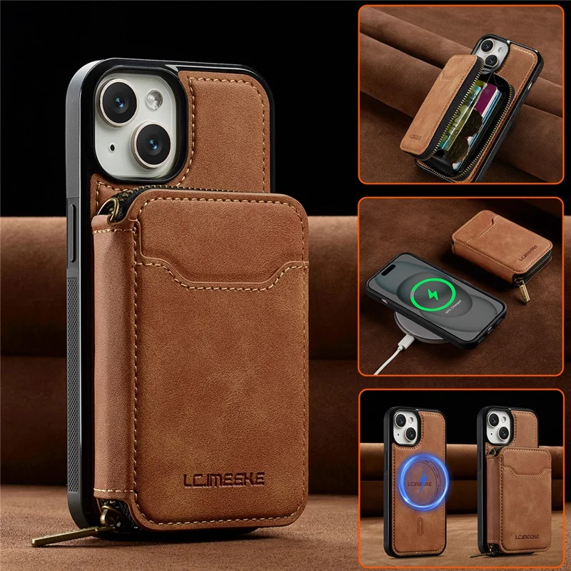 LC.IMEEKE L6 For iPhone 15 Plus / 14 Plus Magnetic Case Detachable Zipper Wallet Leather Coated PC + TPU Phone Cover - Brown