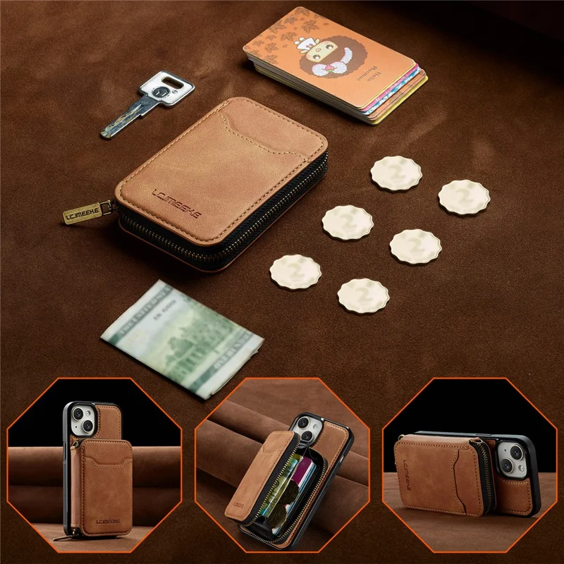 LC.IMEEKE L6 For iPhone 15 Plus / 14 Plus Magnetic Case Detachable Zipper Wallet Leather Coated PC + TPU Phone Cover - Brown