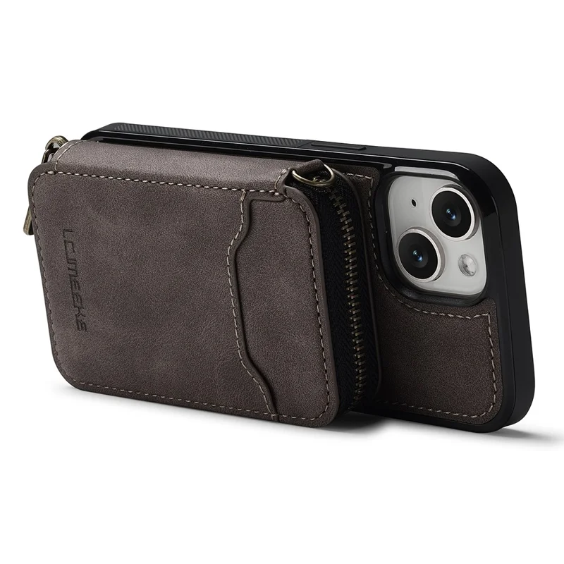 LC.IMEEKE L6 For iPhone 15 Magnetic Case Detachable Zipper Wallet Leather Coated PC + TPU Phone Cover - Coffee