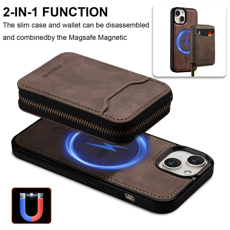 LC.IMEEKE L6 For iPhone 15 Magnetic Case Detachable Zipper Wallet Leather Coated PC + TPU Phone Cover - Coffee