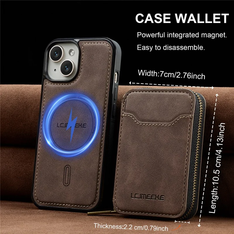 LC.IMEEKE L6 For iPhone 15 Magnetic Case Detachable Zipper Wallet Leather Coated PC + TPU Phone Cover - Coffee