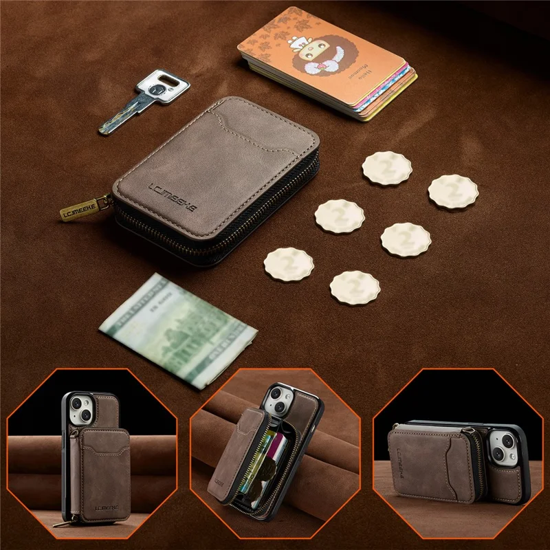 LC.IMEEKE L6 For iPhone 15 Magnetic Case Detachable Zipper Wallet Leather Coated PC + TPU Phone Cover - Coffee