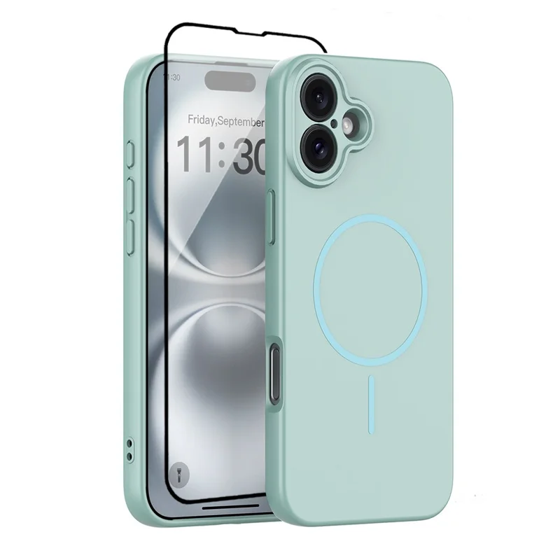 For iPhone 16 Plus Magnetic Case PC + TPU Phone Cover with Tempered Glass Screen Film - Blue