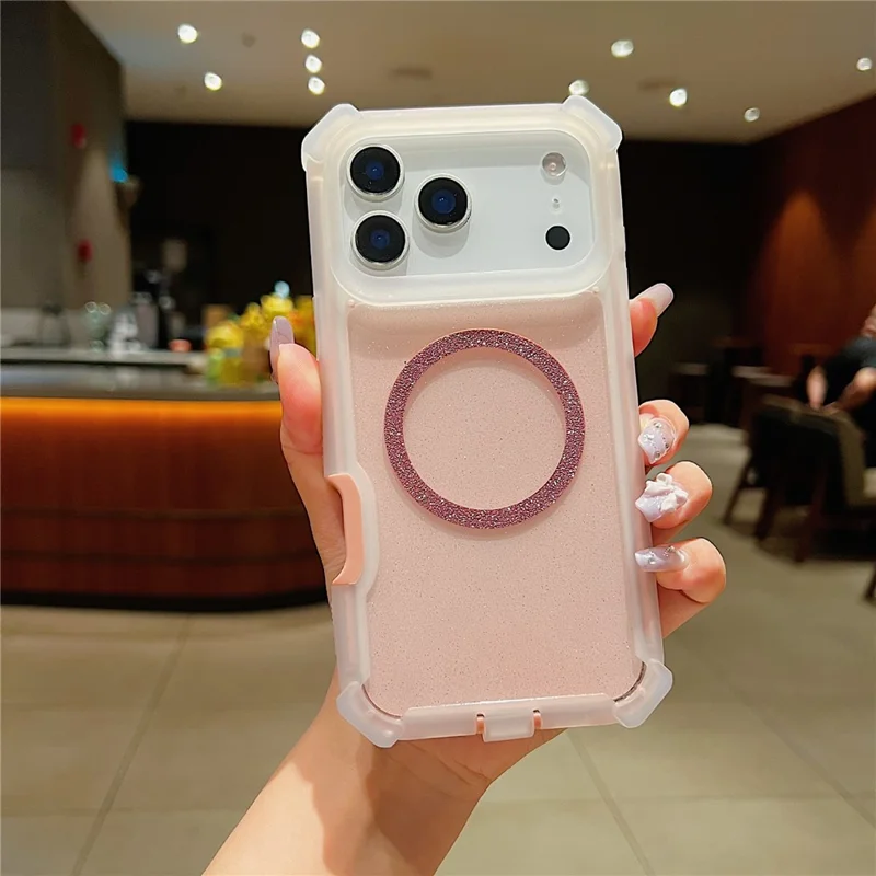 iPhone 17 Pro-hoesje, compatibel met MagSafe, versterkte hoeken, TPU + PC, transparant hoesje met glitter - transparant roze